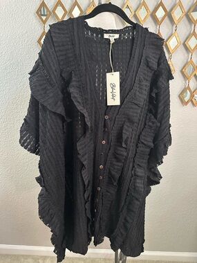 NWT Blue Velvet Black Ruffle Kimono | Boho Tiered Cardigan Top-Oversized